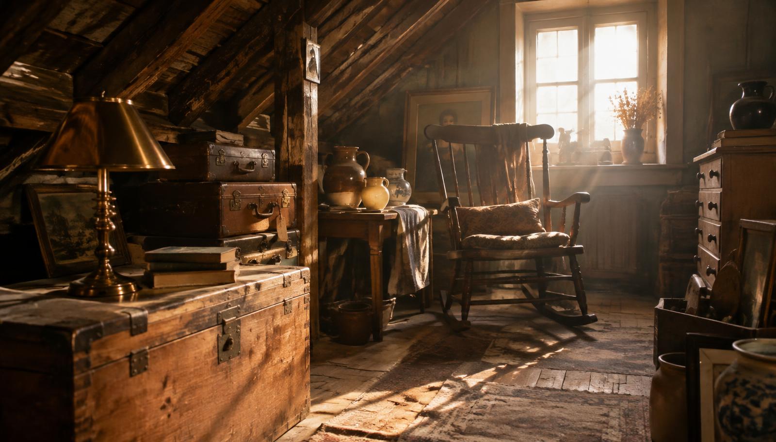 Sunlit attic full of vintage finds